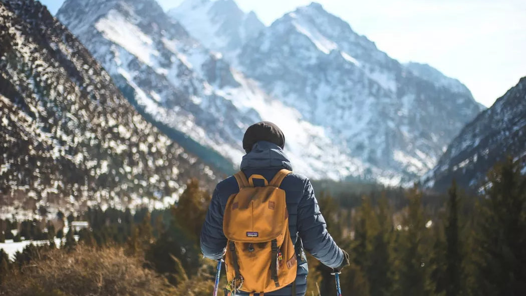 Man stood in front of sharp snowy mountains